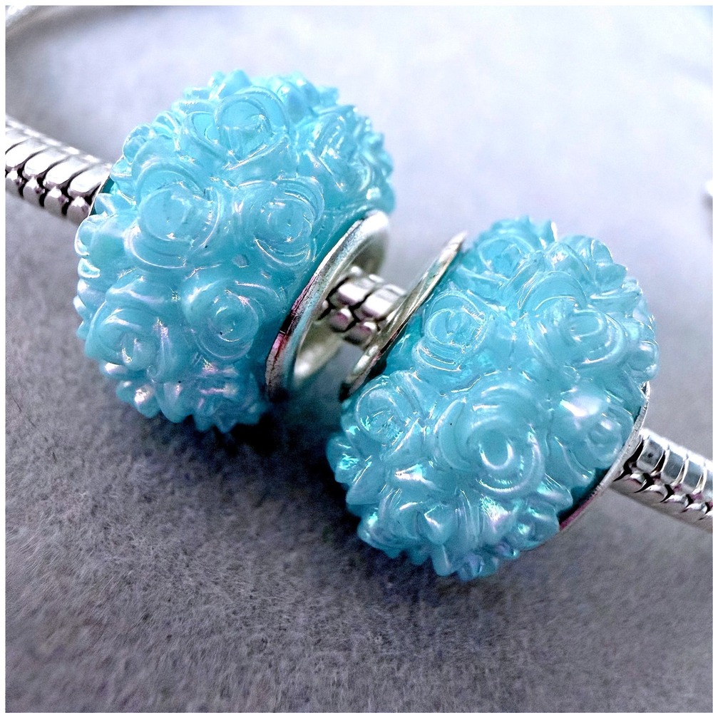 2 PCs Aqua Blue Rose Bouquet Resin Charm Beads fits PANDORA